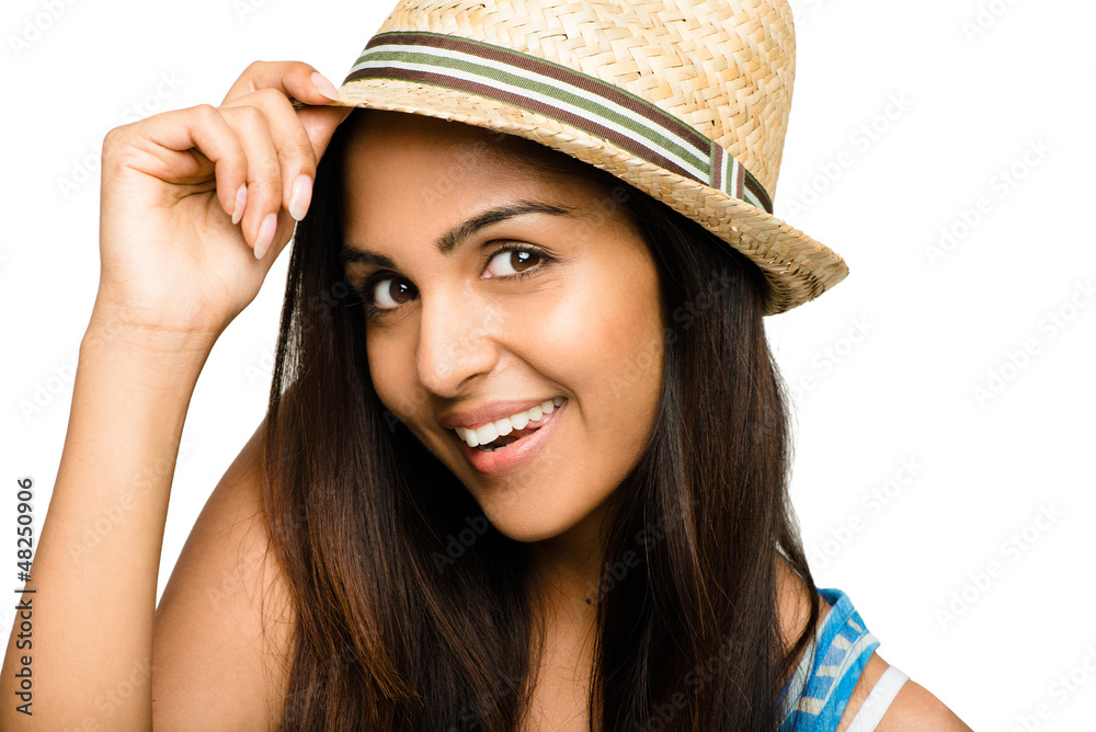Closeup pretty Indian woman smiling on white background Closeup pretty Indian woman smiling on white background