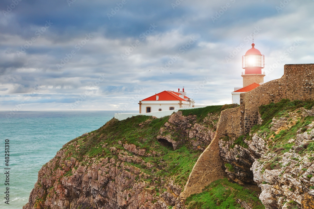 Historic lighthouse at Cape Sea. Portugal.
