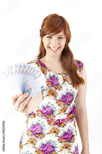 Happy woman showing Euros currency notes