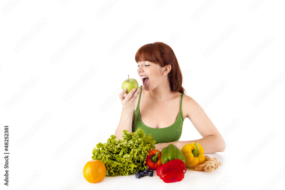 Happy young woman with vegetables. Isolated over white. Happy young woman with vegetables. Isolated over white.