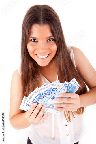 Portrait of a happy woman with a fan of Euros currency notes