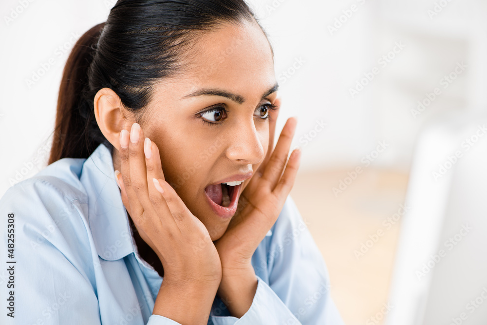 Indian business woman surprised success happy Indian business woman surprised success happy
