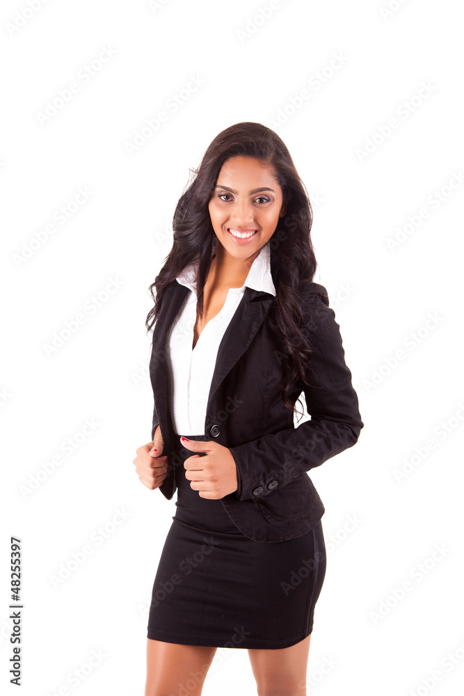 Portrait of modern business woman smiling over white background Portrait of modern business woman smiling over white background