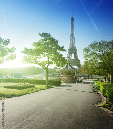 sunny morning and Eiffel Tower, Paris, France photo