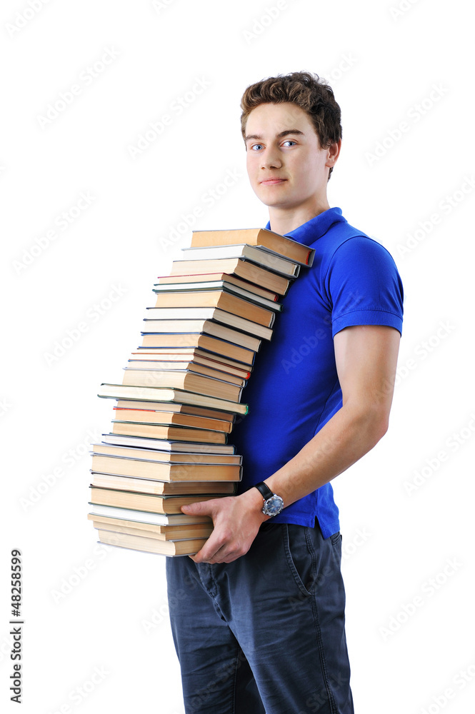 Teenager holding stack of books isolated over white background Teenager holding stack of books isolated over white background