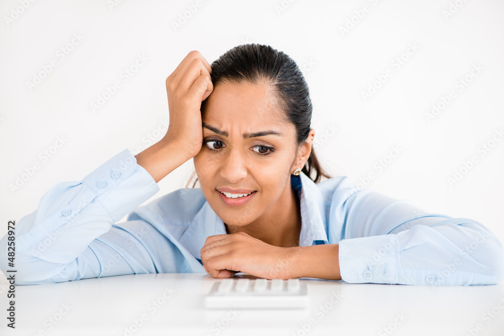 Stressed Indian business woman headache depressed Stressed Indian business woman headache depressed