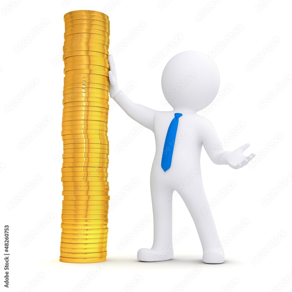 3d white man next to a pile of gold coins
