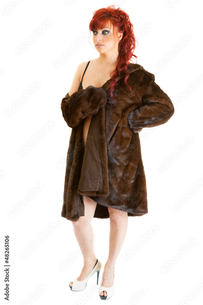 sexy young red-haired woman wearing mink fur coat Stock Photo | Adobe Stock