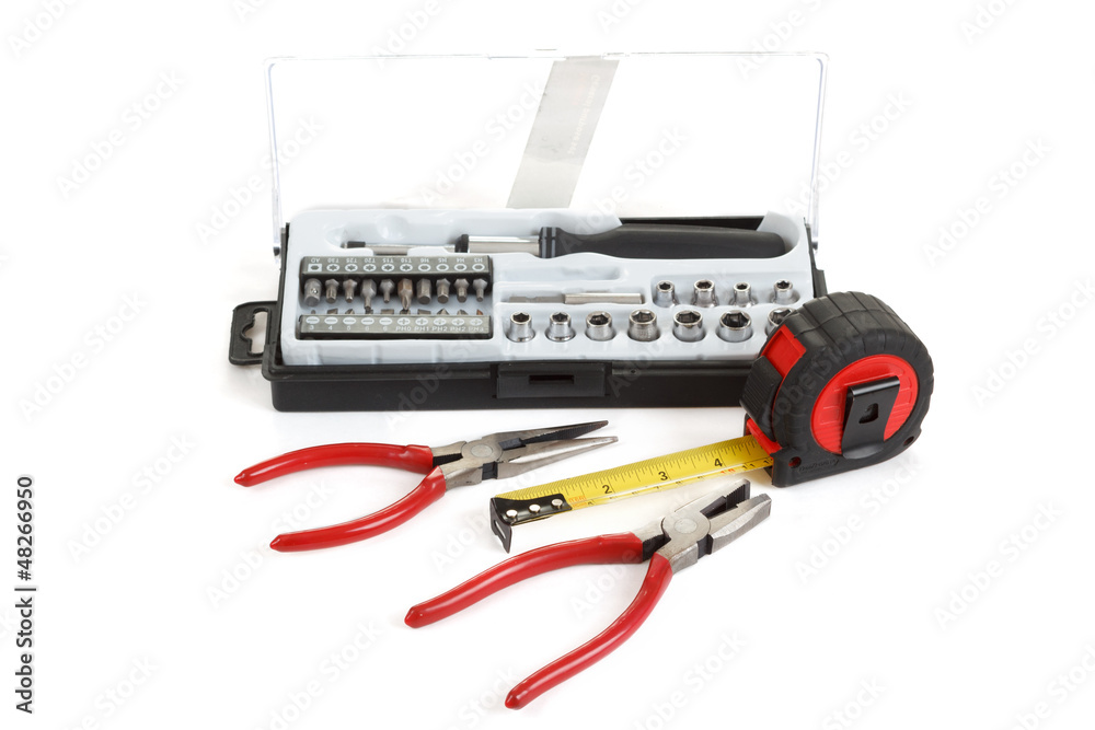 screwdriver toolbox with set of bits, pliers and measuring tape