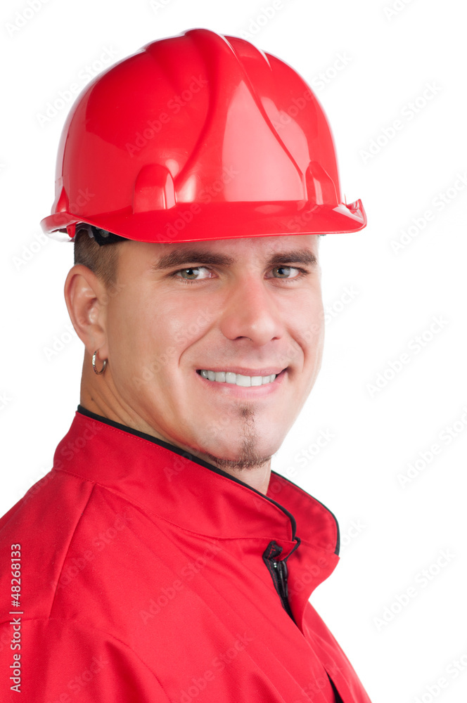 Portrait of young smiling fireman with hard hat Portrait of young smiling fireman with hard hat