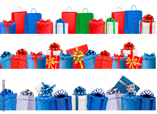 Set of shopping banners with gift colorful boxes with bow and ri