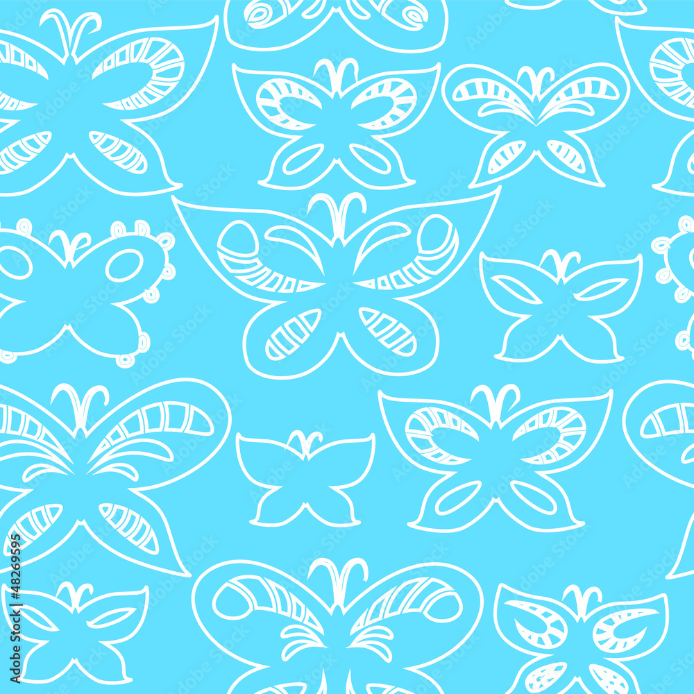 Butterflies on blue sky seamless pattern, vector
