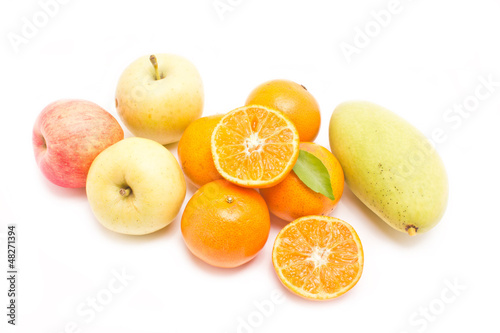 Oranges  green and red apples collection isolated on white backg