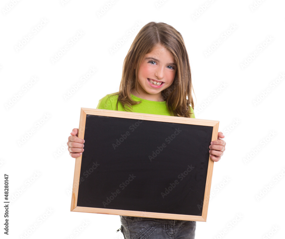 child girl with white frame copy space black blackboard child girl with white frame copy space black blackboard