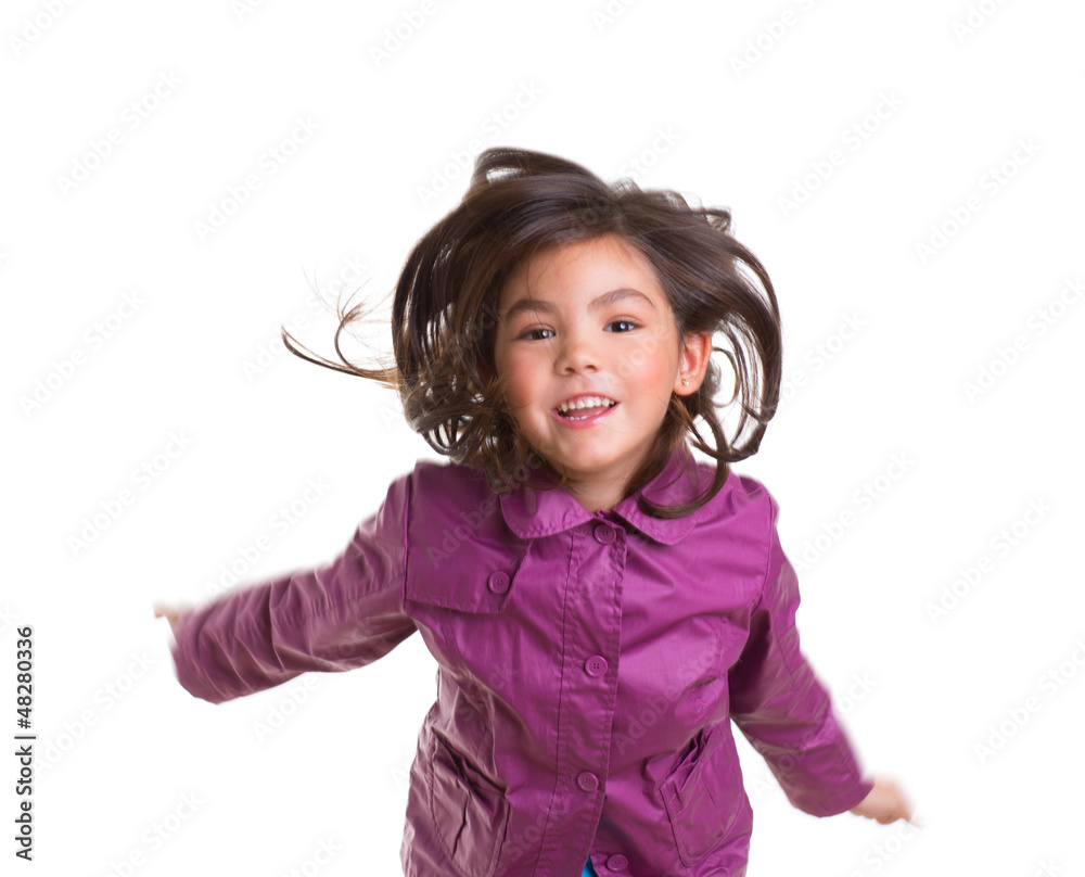 Asian child girl jumping happy with winter purple coat Asian child girl jumping happy with winter purple coat