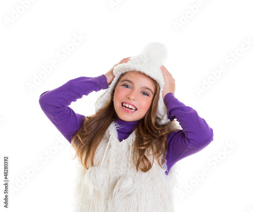 blue eyes happy child kid girl with white winter cap