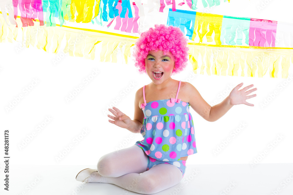 Fototapeta premium child kid girl with party clown pink wig funny expression