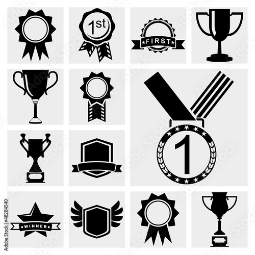 Vector black trophy cup and awards icons black set.