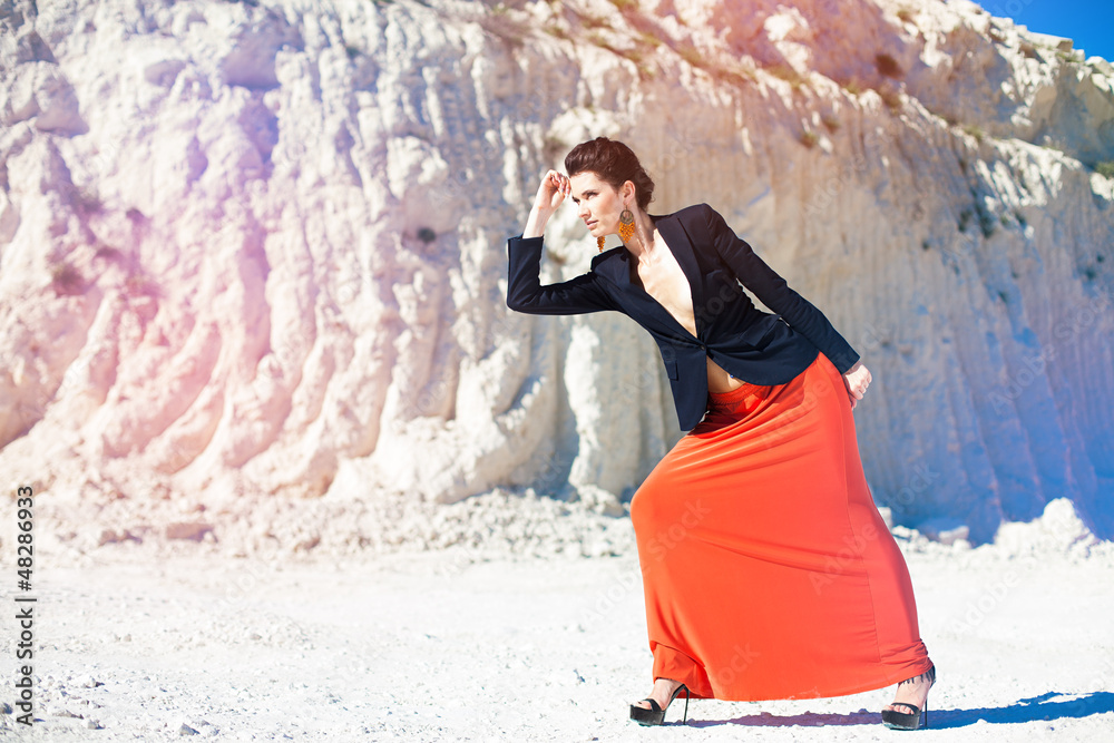 brunette girl with trendy makeup and fashionable clothes brunette girl with trendy makeup and fashionable clothes