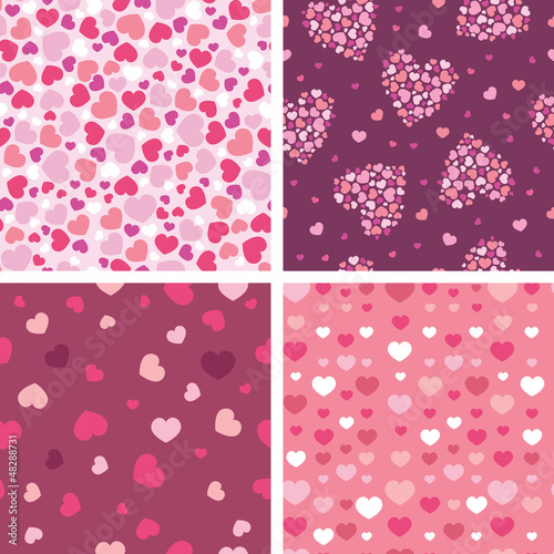 Vector set of four romantic hearts seamless patterns backgrounds