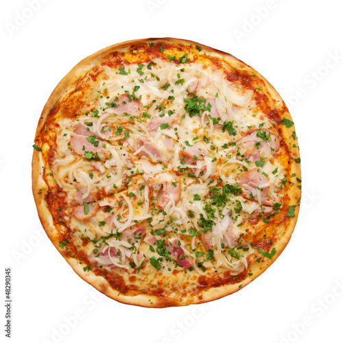 Pizza with ham, onions, cheese and herbs