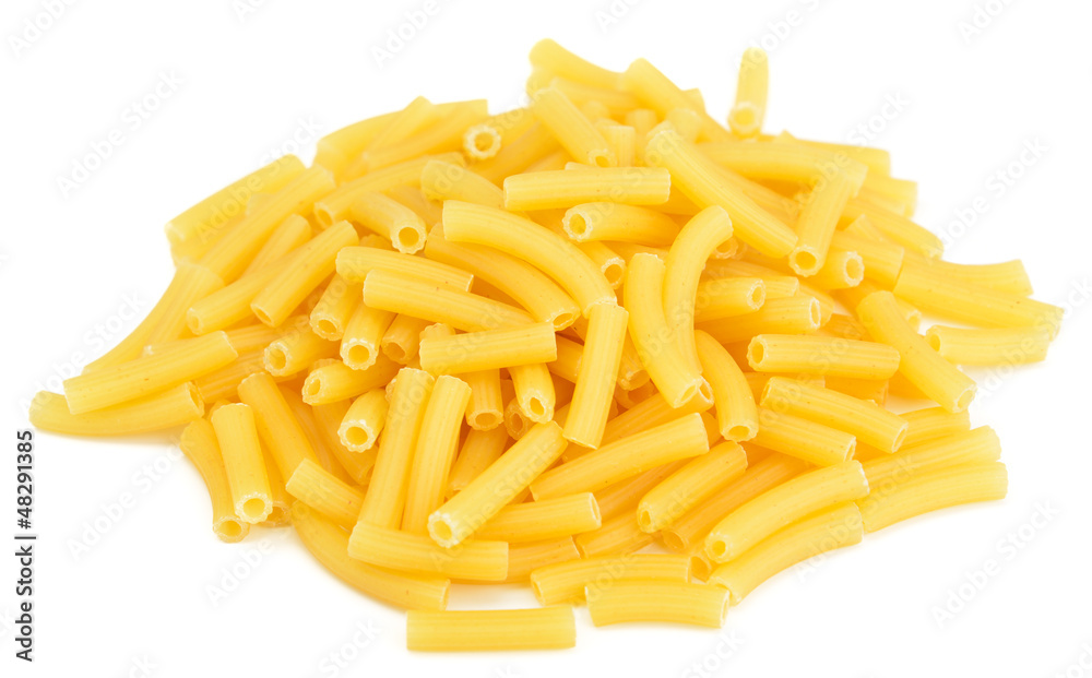 Heap of Sedanini rigati pasta isolated on white background Heap of Sedanini rigati pasta isolated on white background