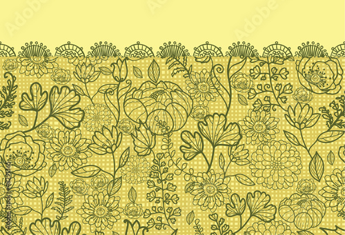 Vector green autumn flowers elegant lace horizontal seamless