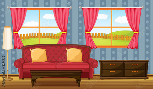 A red sofa and side table