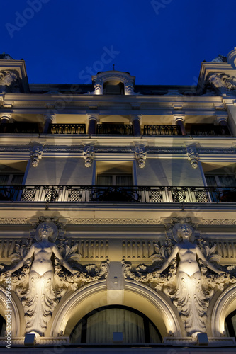 A beautiful building facade by night