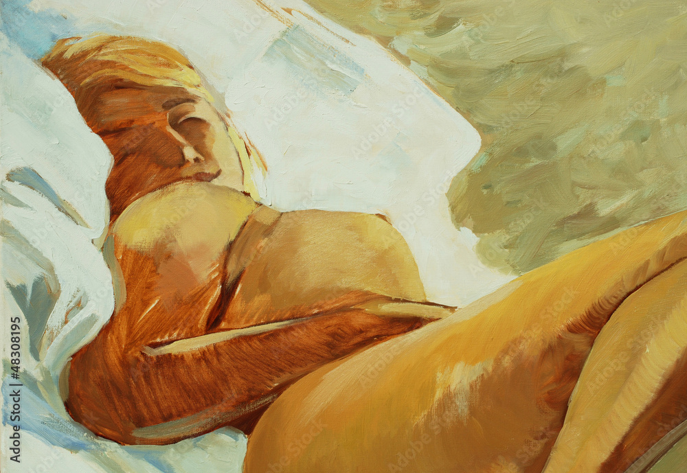 sleeping woman, picture oil on a canvas,  illustration - obrazy, fototapety, plakaty 
