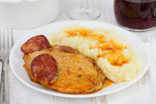 meat with sausages and mashed  potato