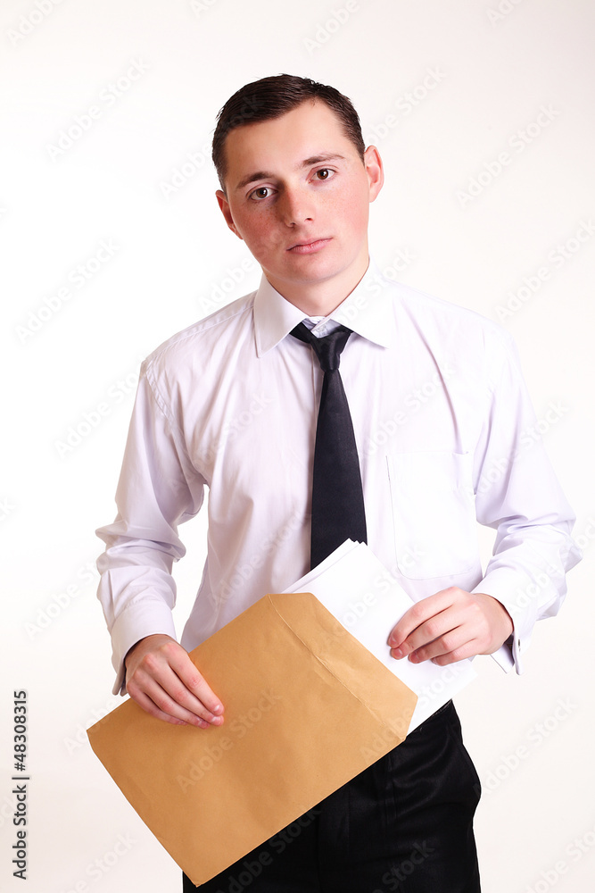 Portrait of a business man with documents isolated on white bac Portrait of a business man with documents isolated on white bac