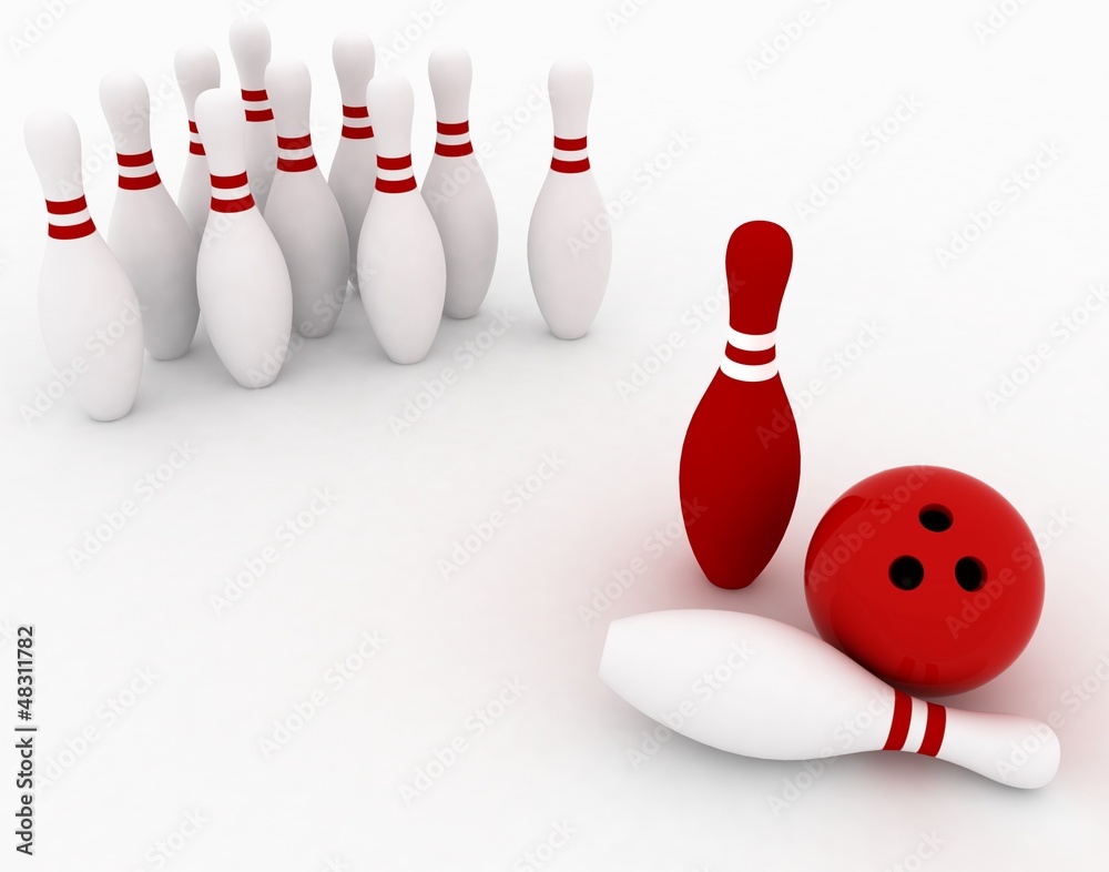 3d render of skittle and bowling ball on white background 3d render of skittle and bowling ball on white background
