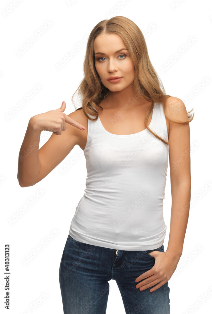 calm and serious woman in blank white t-shirt calm and serious woman in blank white t-shirt