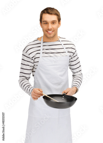 handsome man with pan and spoon