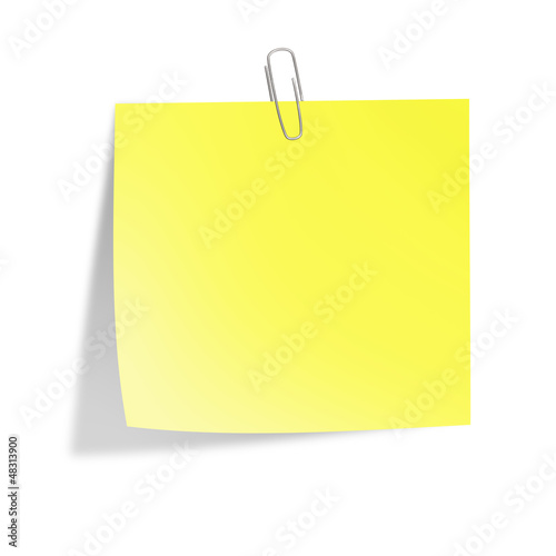 Yellow sticker note with clip isolated on white. Illustration