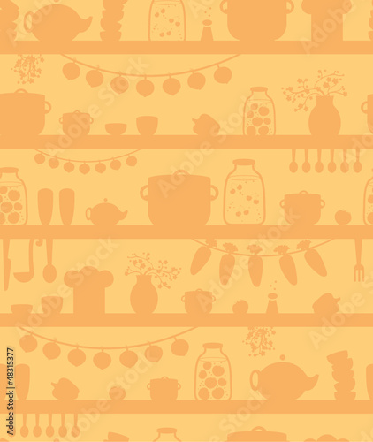 Vector kitchen pantry shelves seamless pattern background with