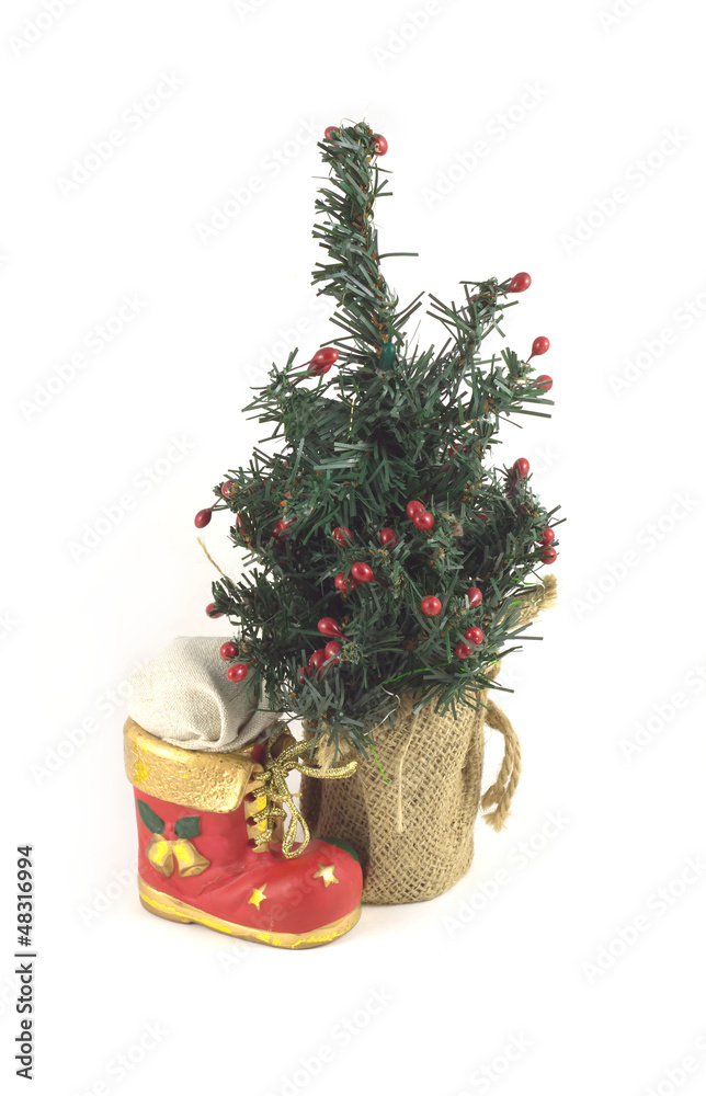 New Year tree and Red Christmas toy bootee isolated New Year tree and Red Christmas toy bootee isolated
