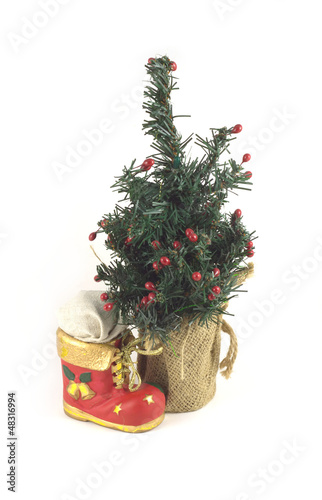 New Year tree and Red Christmas toy bootee isolated