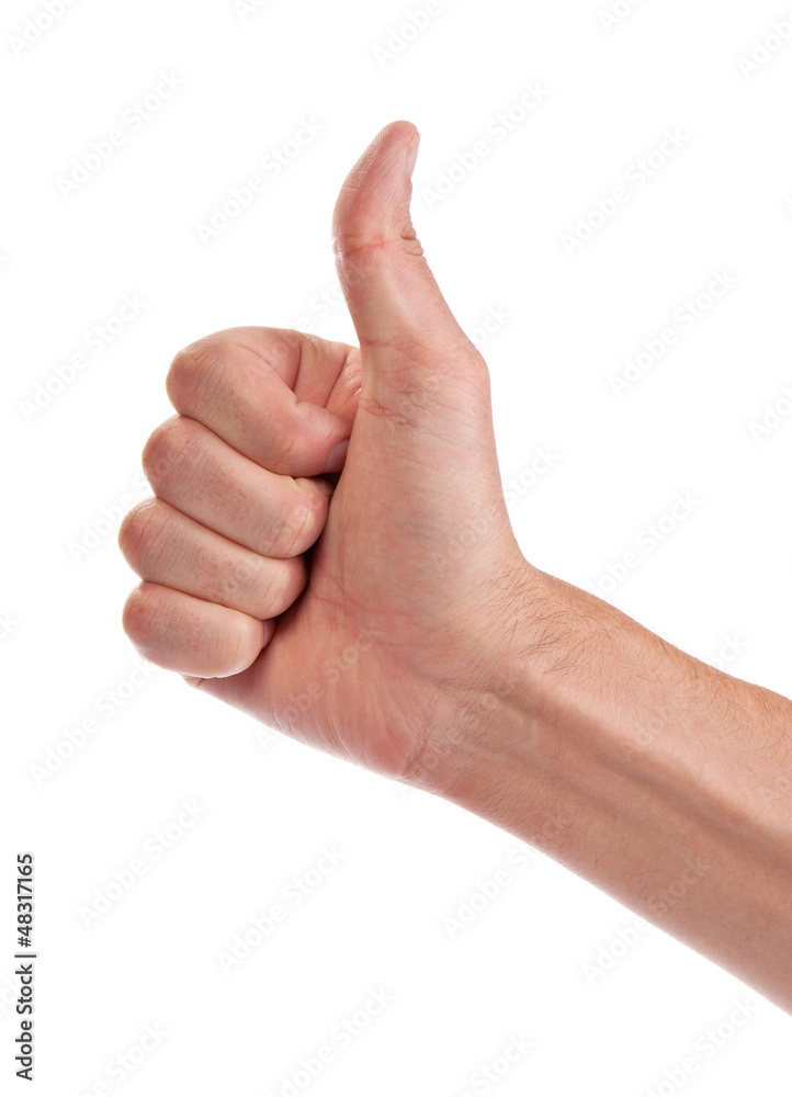Male hand showing thumbs up sign isolated on white Male hand showing thumbs up sign isolated on white