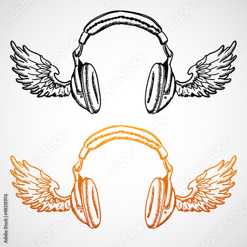 Vector hand drawn concept illustration. Headphones with wings