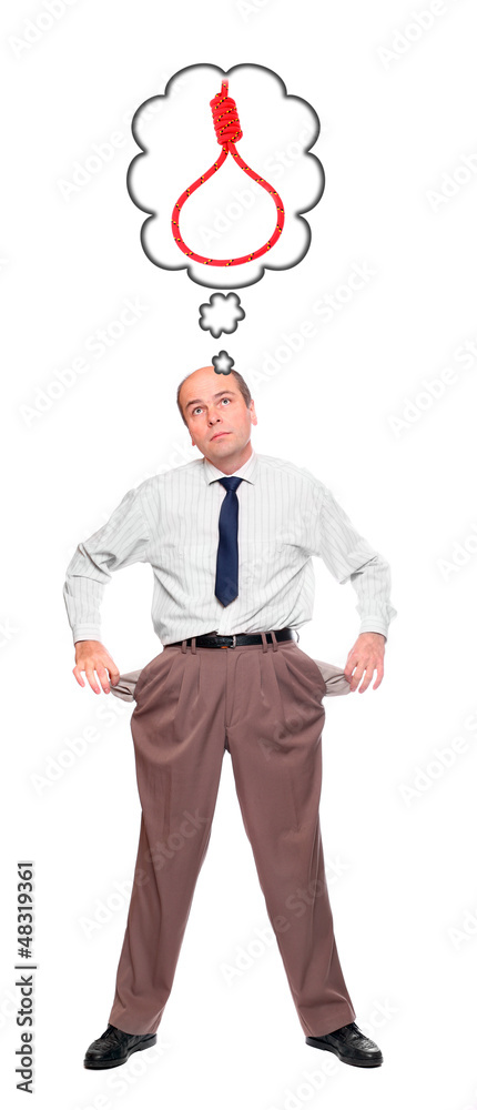 Bankruptcy metaphor.  Businessman with empty pockets.