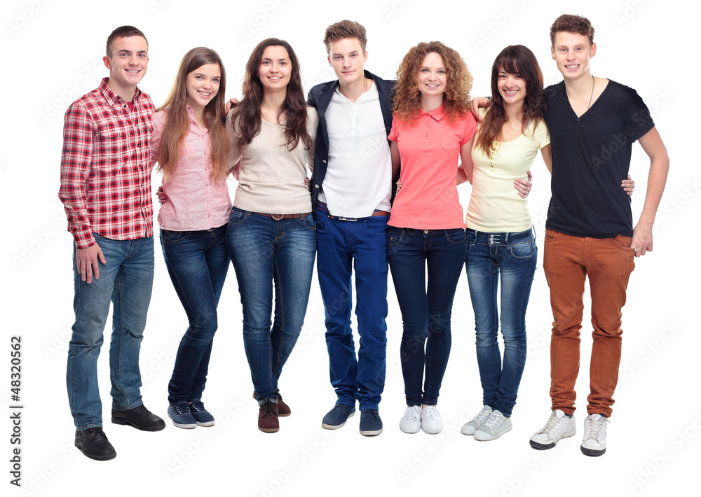 Casual group of excited friends isolated on white