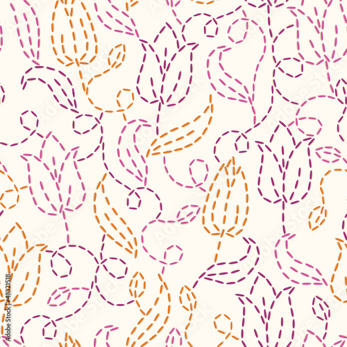 Vector embroidered flowers seamless pattern background with hand