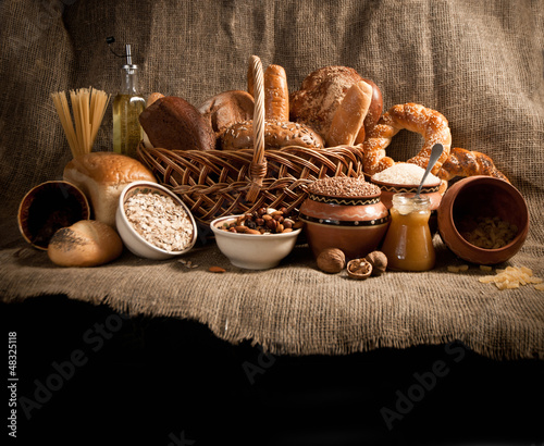 baked bread on sacking