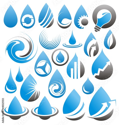 Set of water drops icons, symbols, logos and design elements