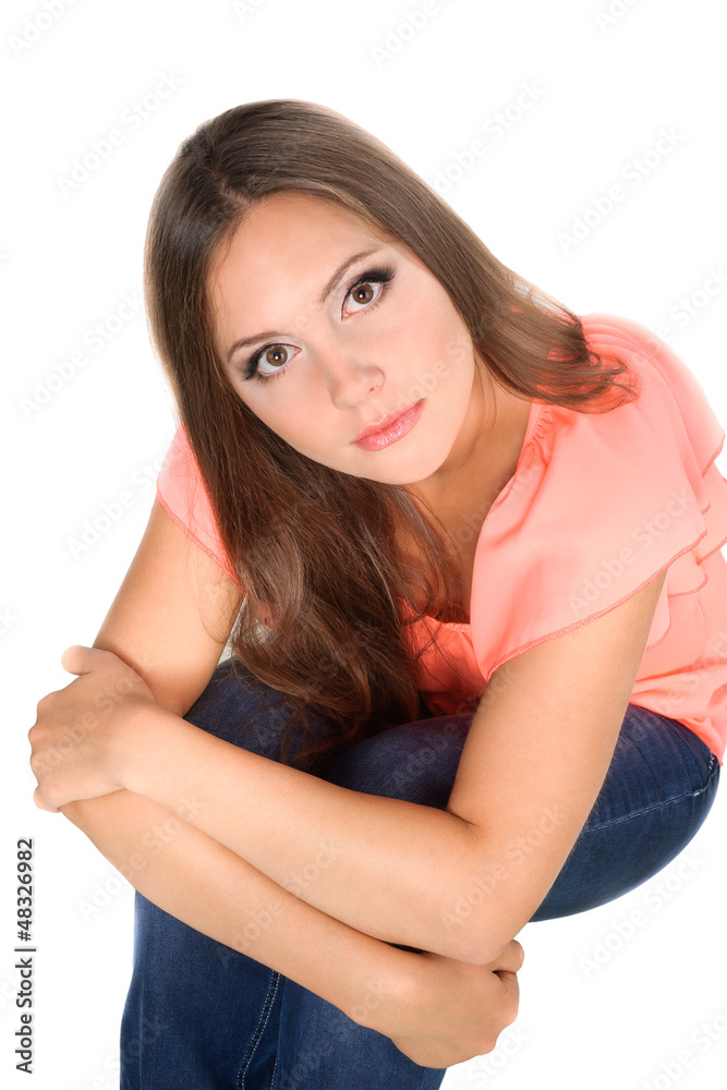 lonely young girl sitting alone on the floor isolated over white lonely young girl sitting alone on the floor isolated over white