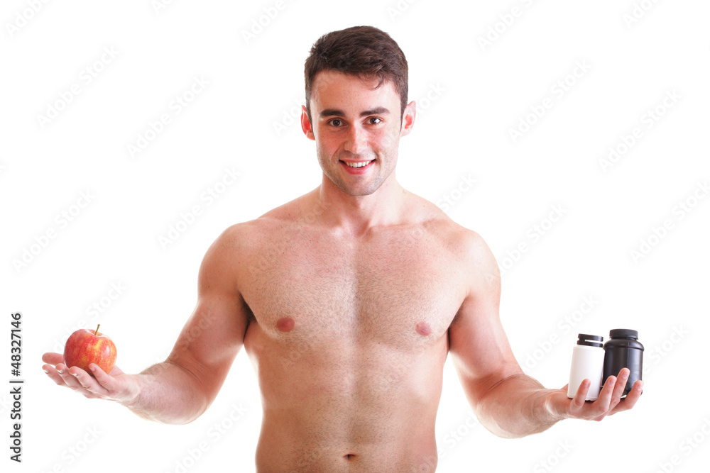 Fototapeta premium vitamin or pills drag tablet boxes supplements Man isolated