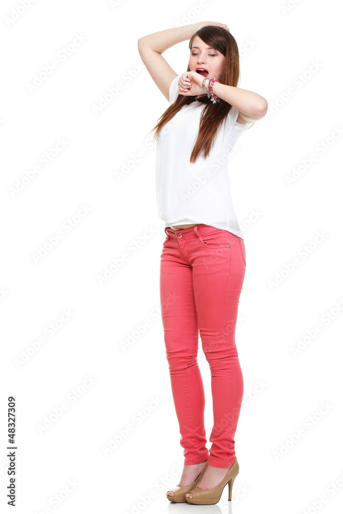 Beautiful standing yawning stretching woman in red Beautiful standing yawning stretching woman in red