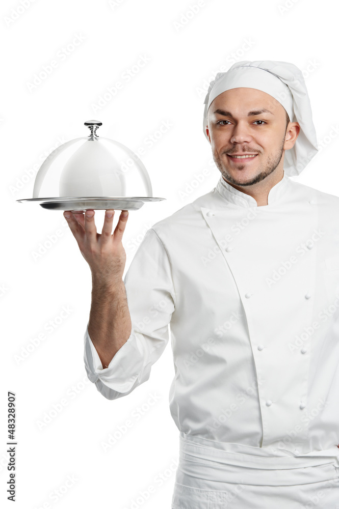 positive chef with cloche lid cover isolated positive chef with cloche lid cover isolated
